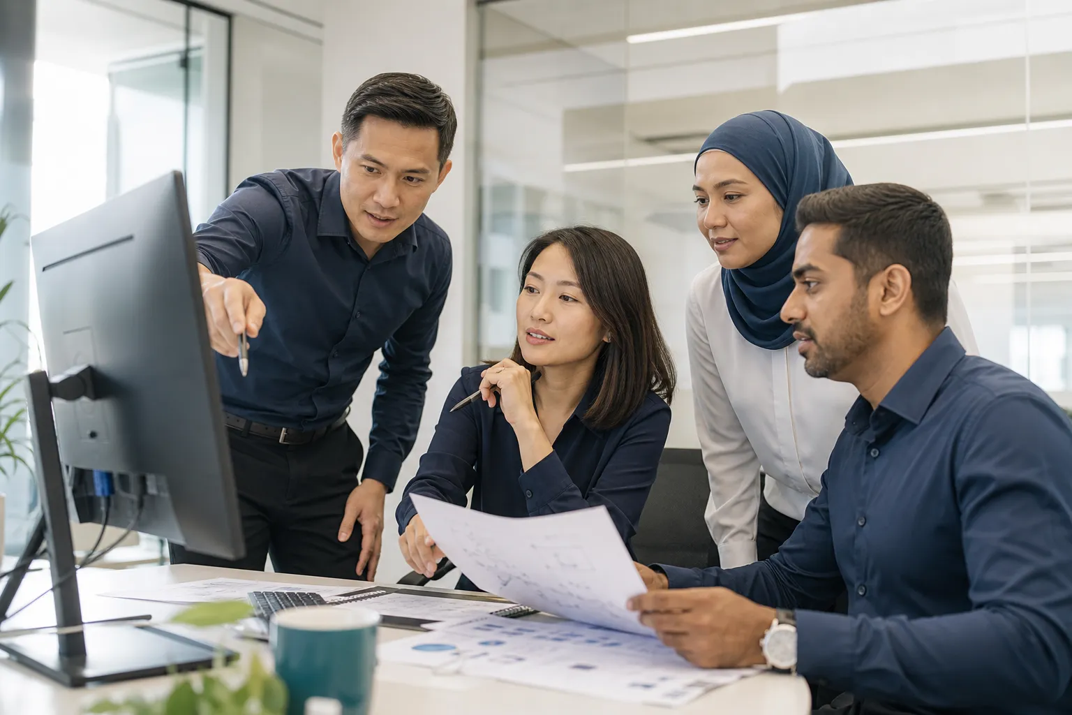 Southeast Asian professionals reviewing operational work together in a bright Singapore office