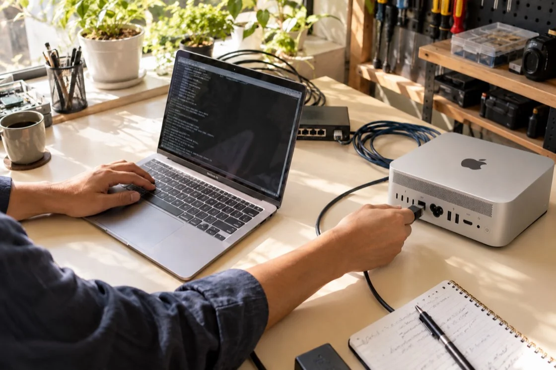 An engineer connecting a realistically proportioned Mac Studio on a sunlit workbench