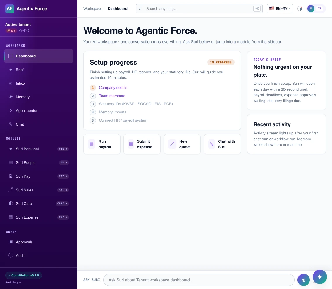 Suri tenant portal in a demo environment, with dashboard, modules and the Ask Suri conversation entry point