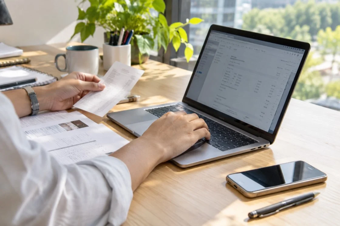 Hands reviewing a receipt beside a laptop in a sunlit office