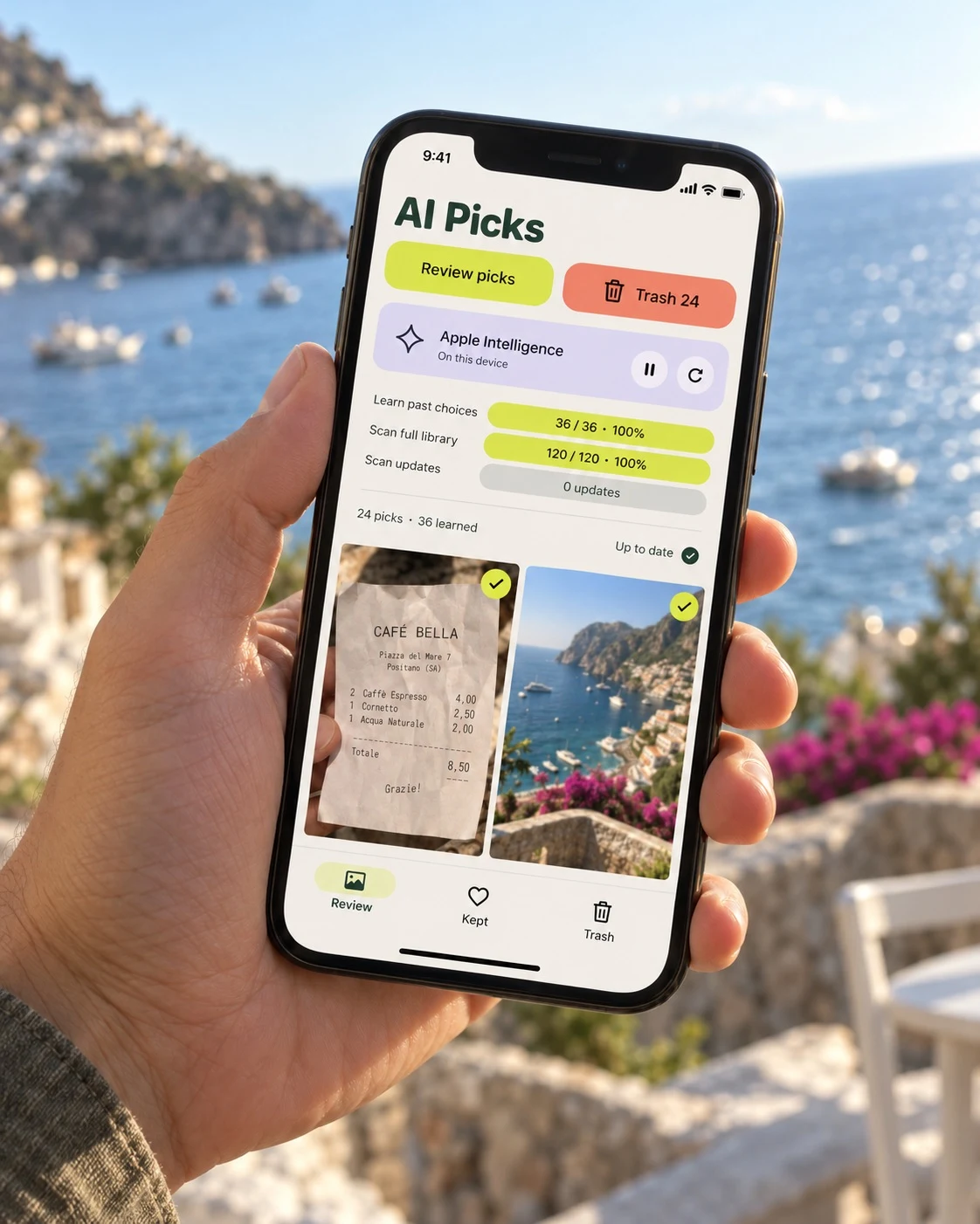 Swipe’n’Sweep’s approved product campaign showing an AI Picks screen on a phone by the sea