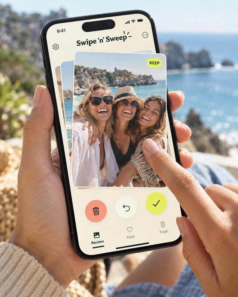 Swipe’n’Sweep product campaign: reviewing a photo on a phone by the sea