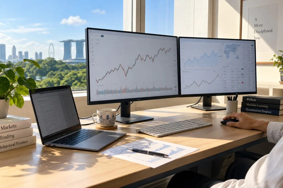 A sunny trading research desk with market charts, laptop and a hand operating the mouse